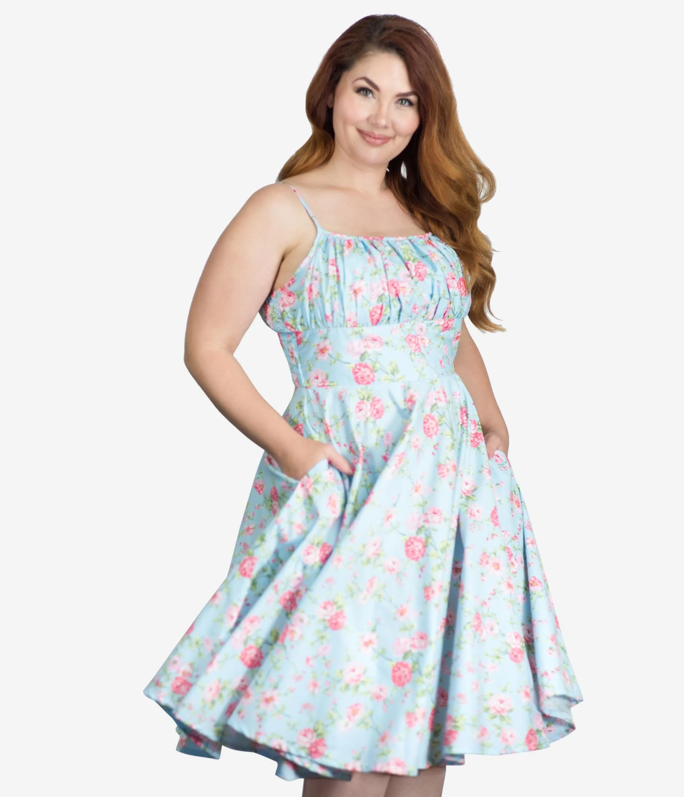 Plus Size 1950s Light Blue & Pink Floral Gina Swing Dress