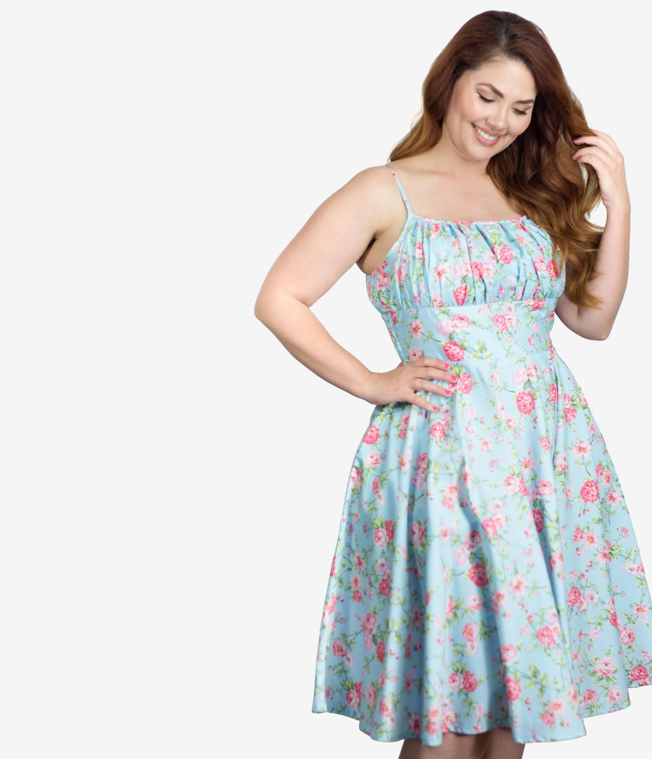 Plus Size 1950s Light Blue & Pink Floral Gina Swing Dress