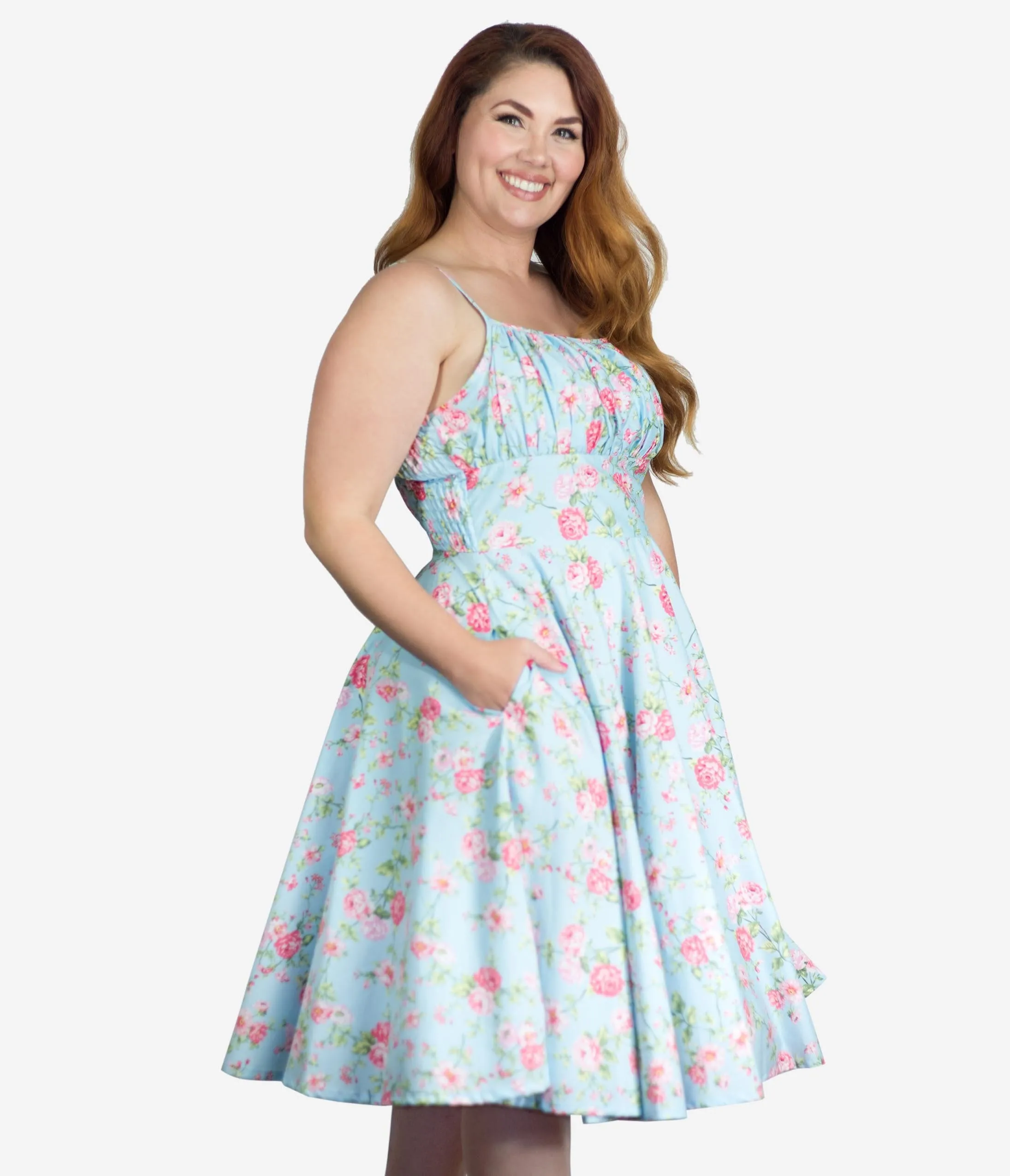 Plus Size 1950s Light Blue & Pink Floral Gina Swing Dress