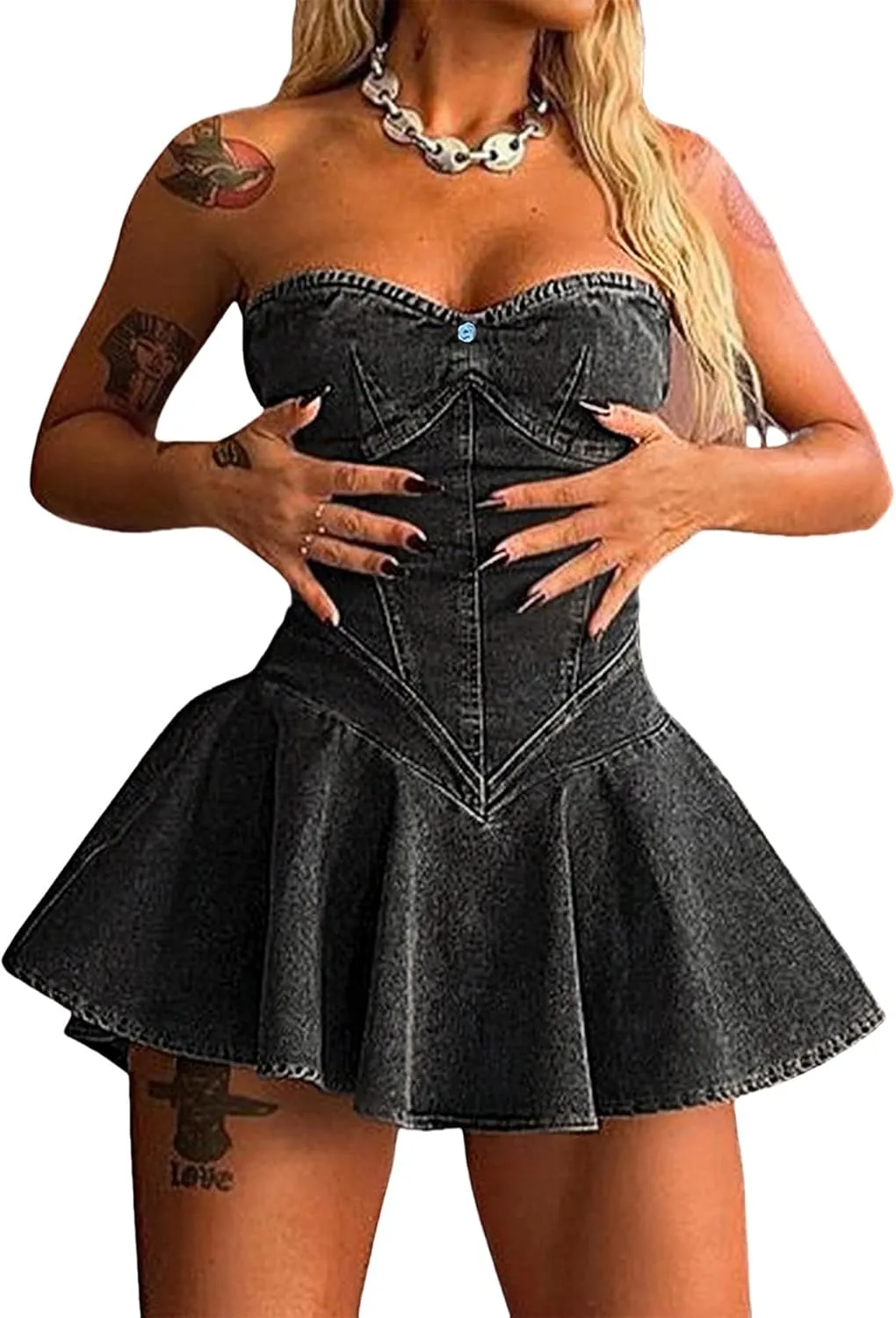 Ptorlio Sexy Tube Womens Denim Mini Dress V Neck Cargo Blue Jean Dresses Going Out Outfits