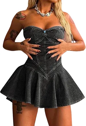Ptorlio Sexy Tube Womens Denim Mini Dress V Neck Cargo Blue Jean Dresses Going Out Outfits