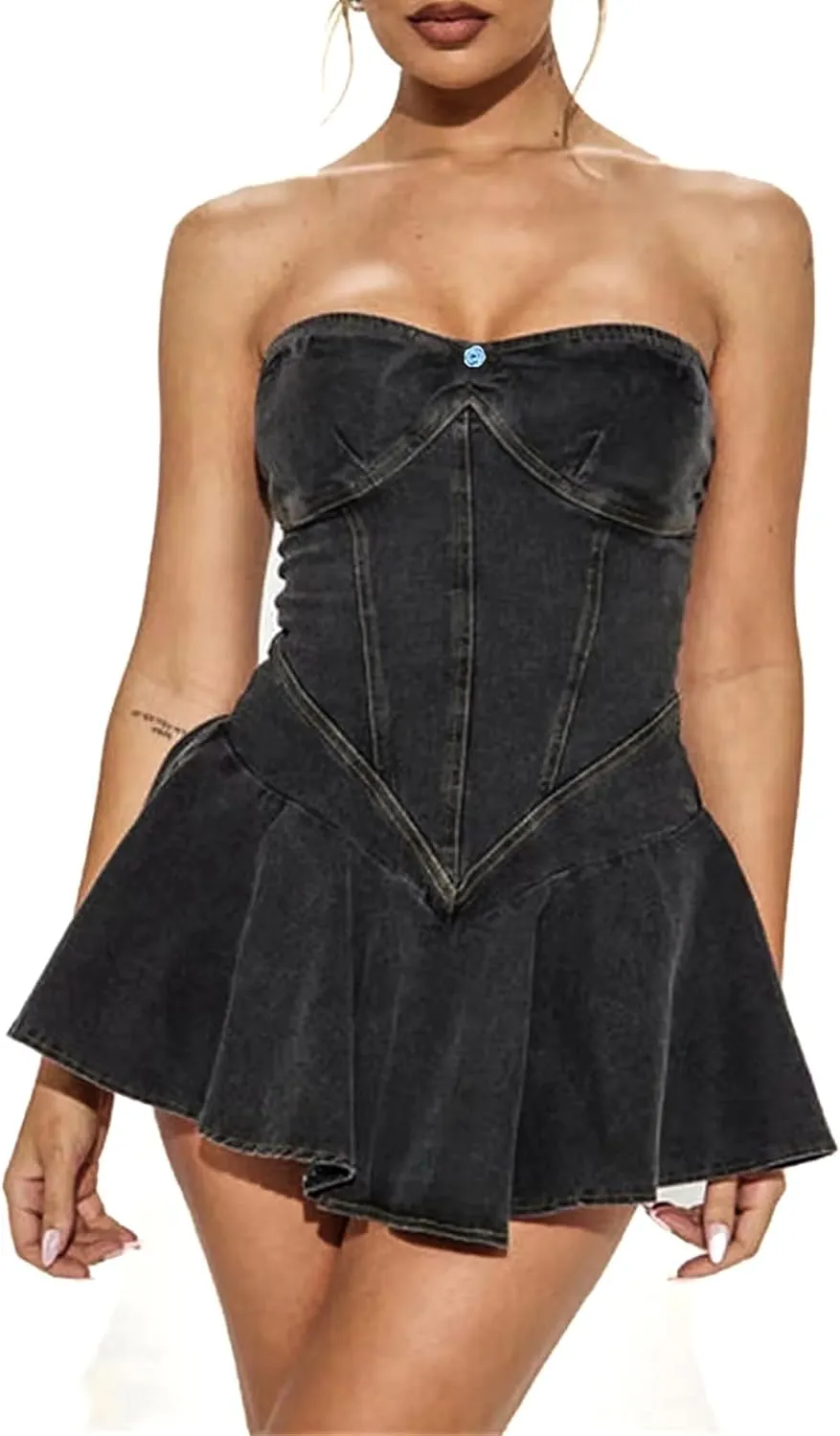 Ptorlio Sexy Tube Womens Denim Mini Dress V Neck Cargo Blue Jean Dresses Going Out Outfits