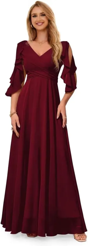Ruffle Sleeves Bridesmaid Dresses for Women Formal V Neck Chiffon Cold Shoulder Long Evening Party Dress