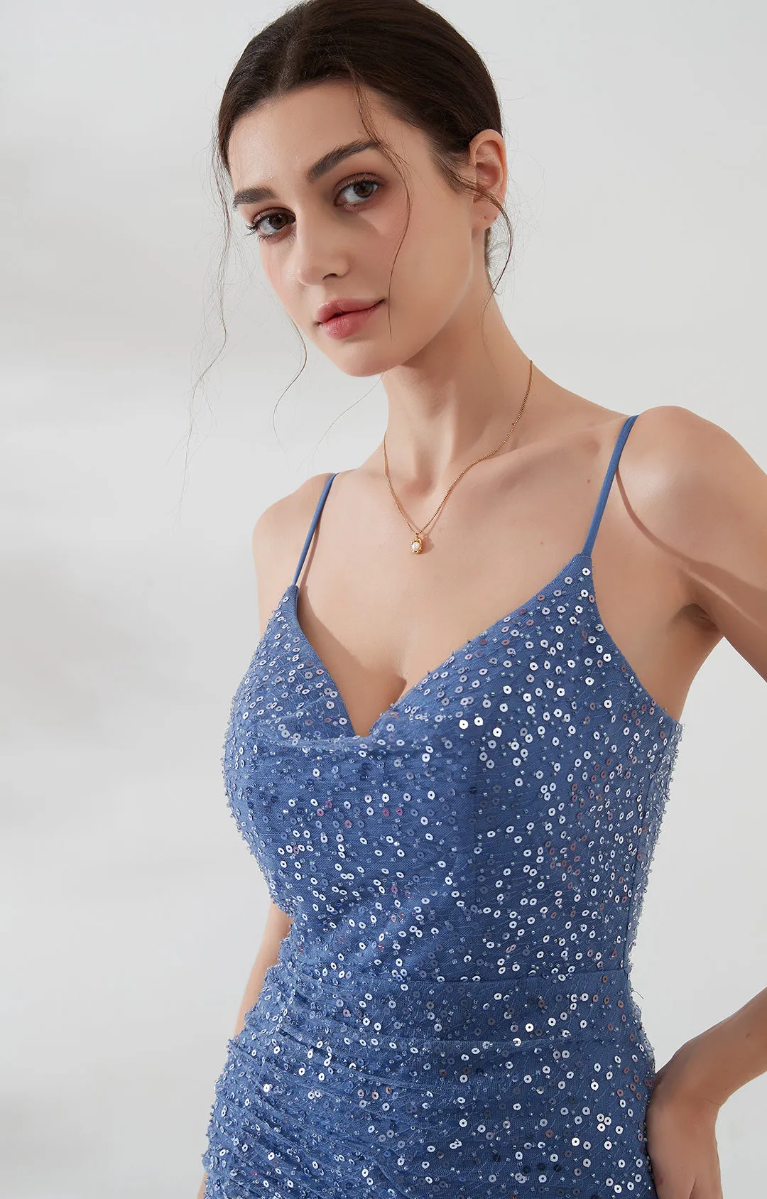 Sequin Ruched V-neck Spaghetti Straps Split Short Dress
