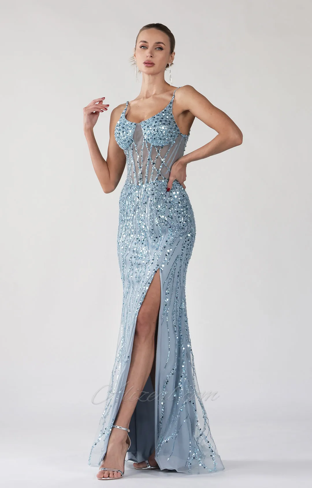 Spaghetti Straps Round Neck Transparent Corset Evening Dress