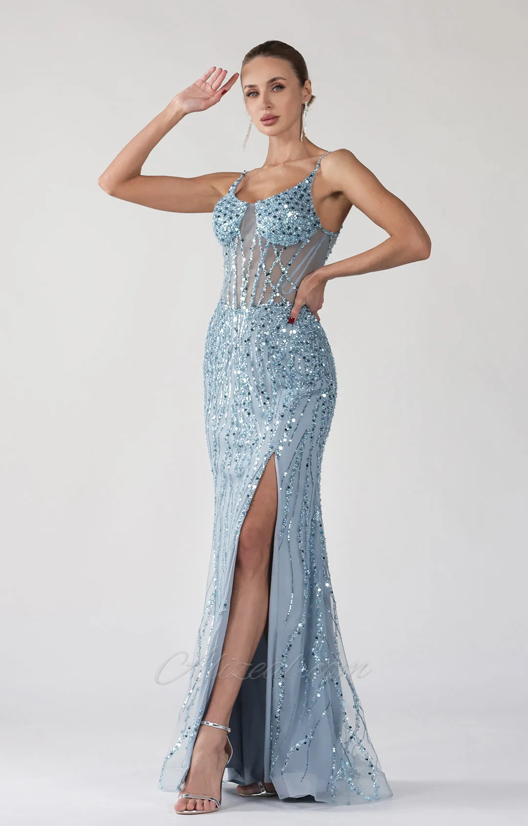 Spaghetti Straps Round Neck Transparent Corset Evening Dress