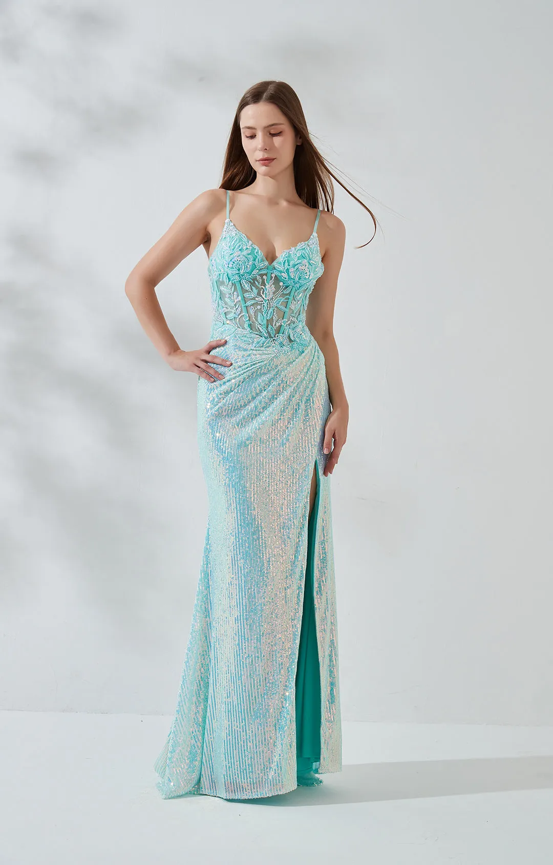 Spaghetti Straps V-neck Lace Appliqued Sequin High Side Split Prom Dress