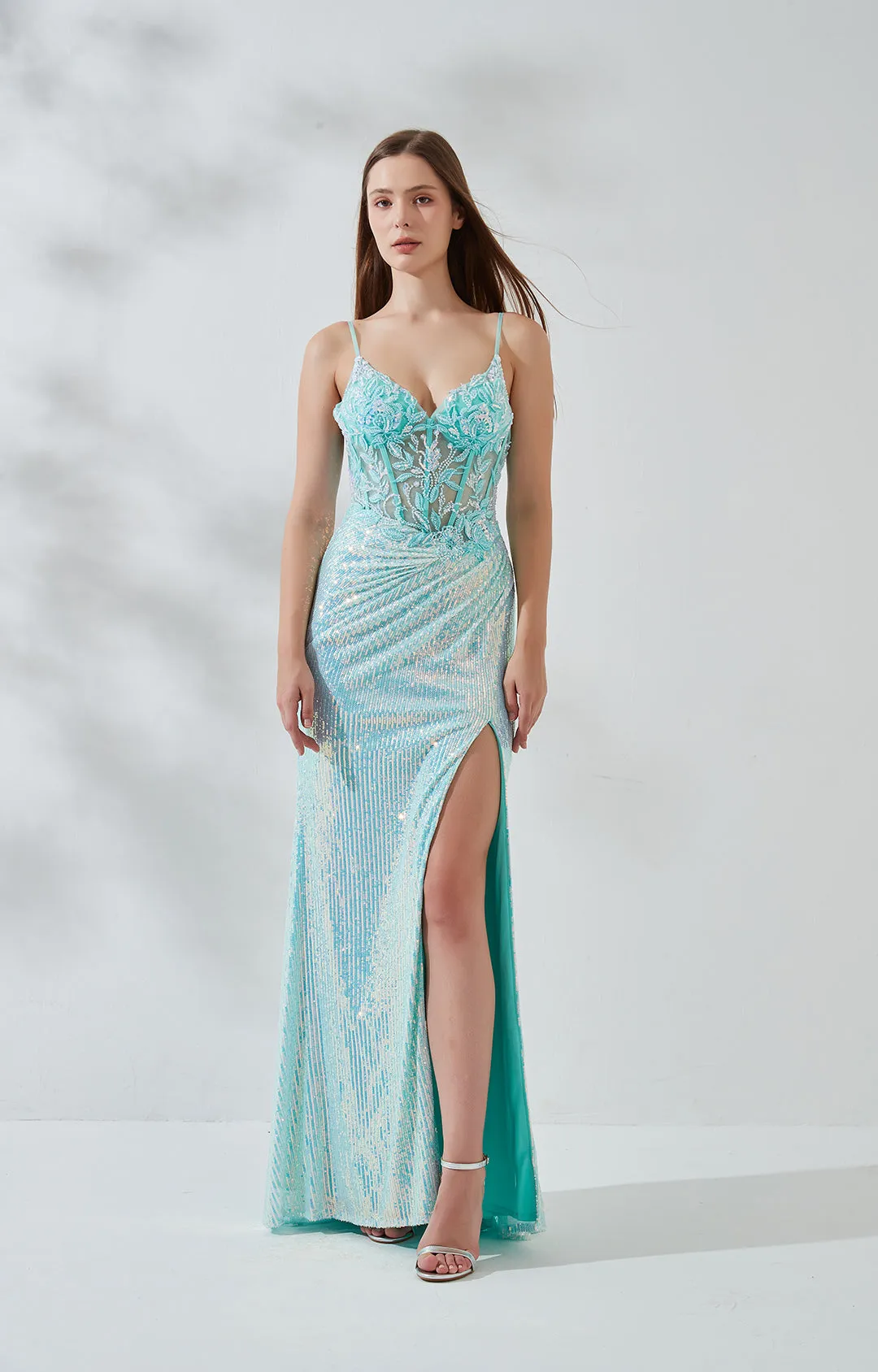 Spaghetti Straps V-neck Lace Appliqued Sequin High Side Split Prom Dress