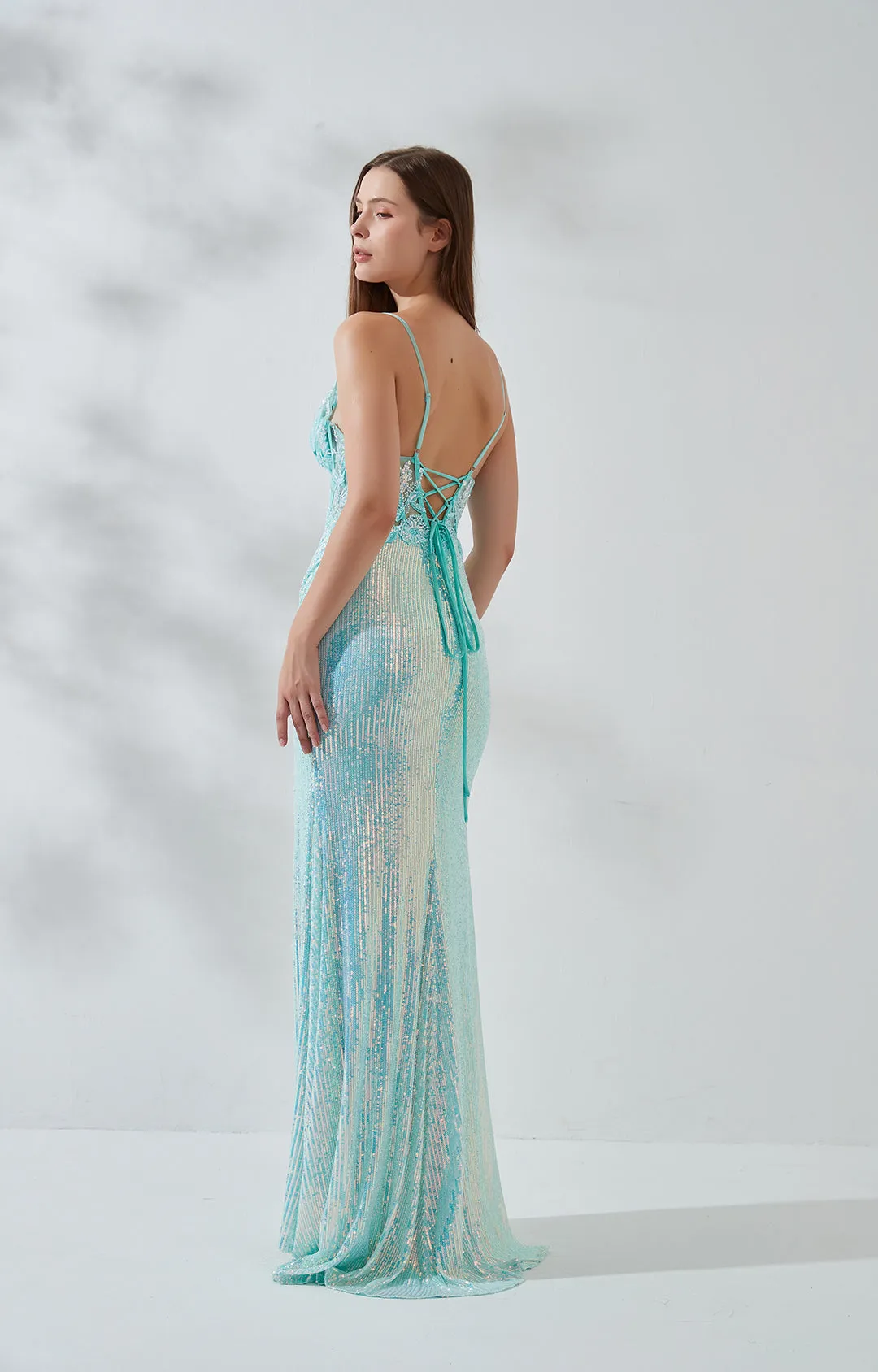 Spaghetti Straps V-neck Lace Appliqued Sequin High Side Split Prom Dress