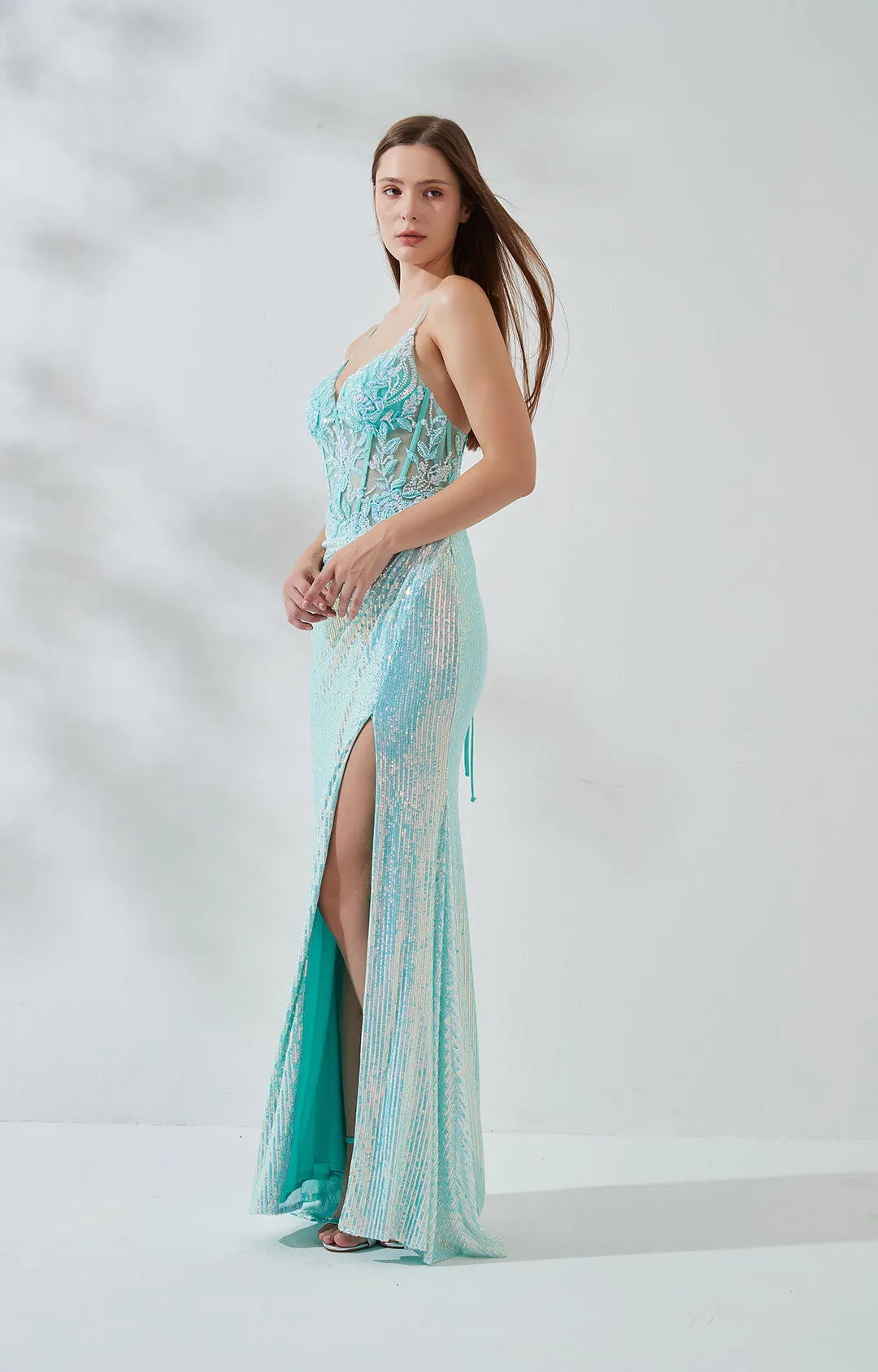 Spaghetti Straps V-neck Lace Appliqued Sequin High Side Split Prom Dress