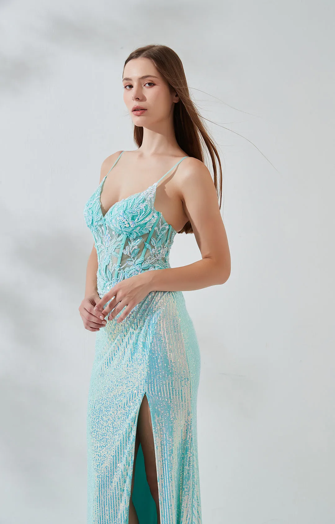Spaghetti Straps V-neck Lace Appliqued Sequin High Side Split Prom Dress