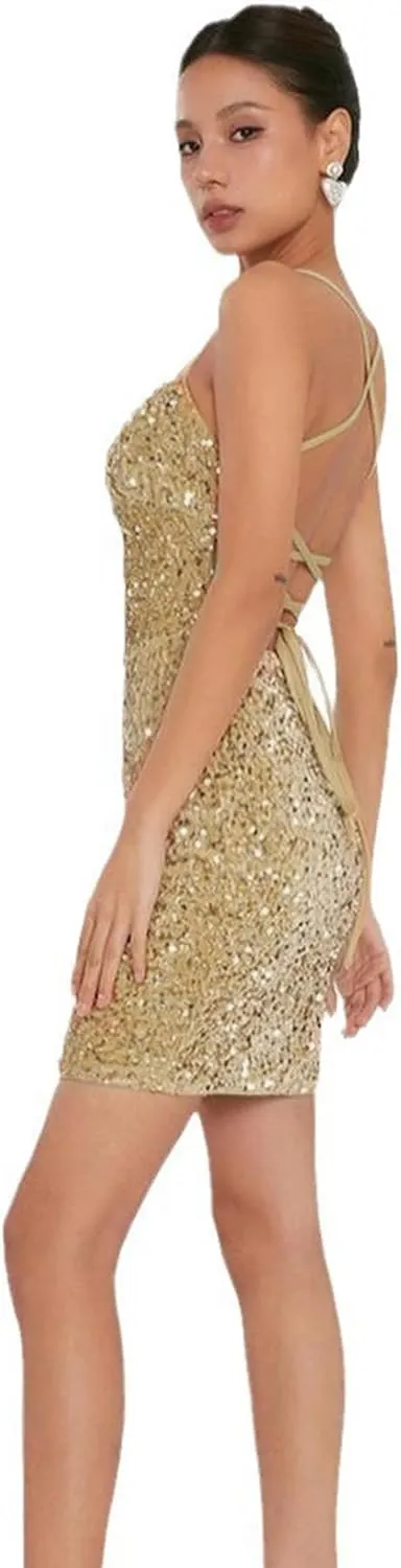 Suillty Women's Sparkly Sequin Backless Lace Up Mini Dress Shiny Spaghetti Straps Halter Bodycon Party Club Evening Dresses