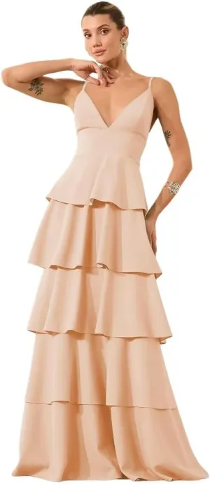 Tiered Ruffles Bridesmaid Dresses Long Chiffon V Neck Pleated Formal Evening Dress Hi011
