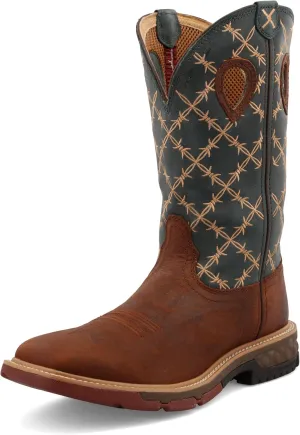 Twisted X Men's 12" Western Work Boot, Square Toe with CellStretch, Mocha & Slate, 8.5 EE