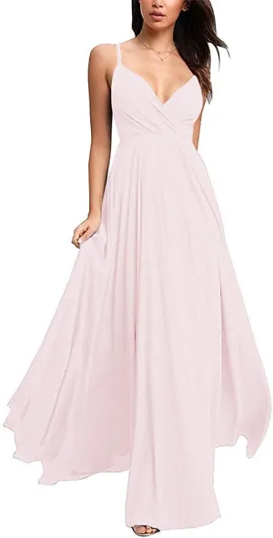 V-Neck Bridesmaid Dresses Long Chiffon Sleeveless A-line Prom Party Evening Gown Pink 12