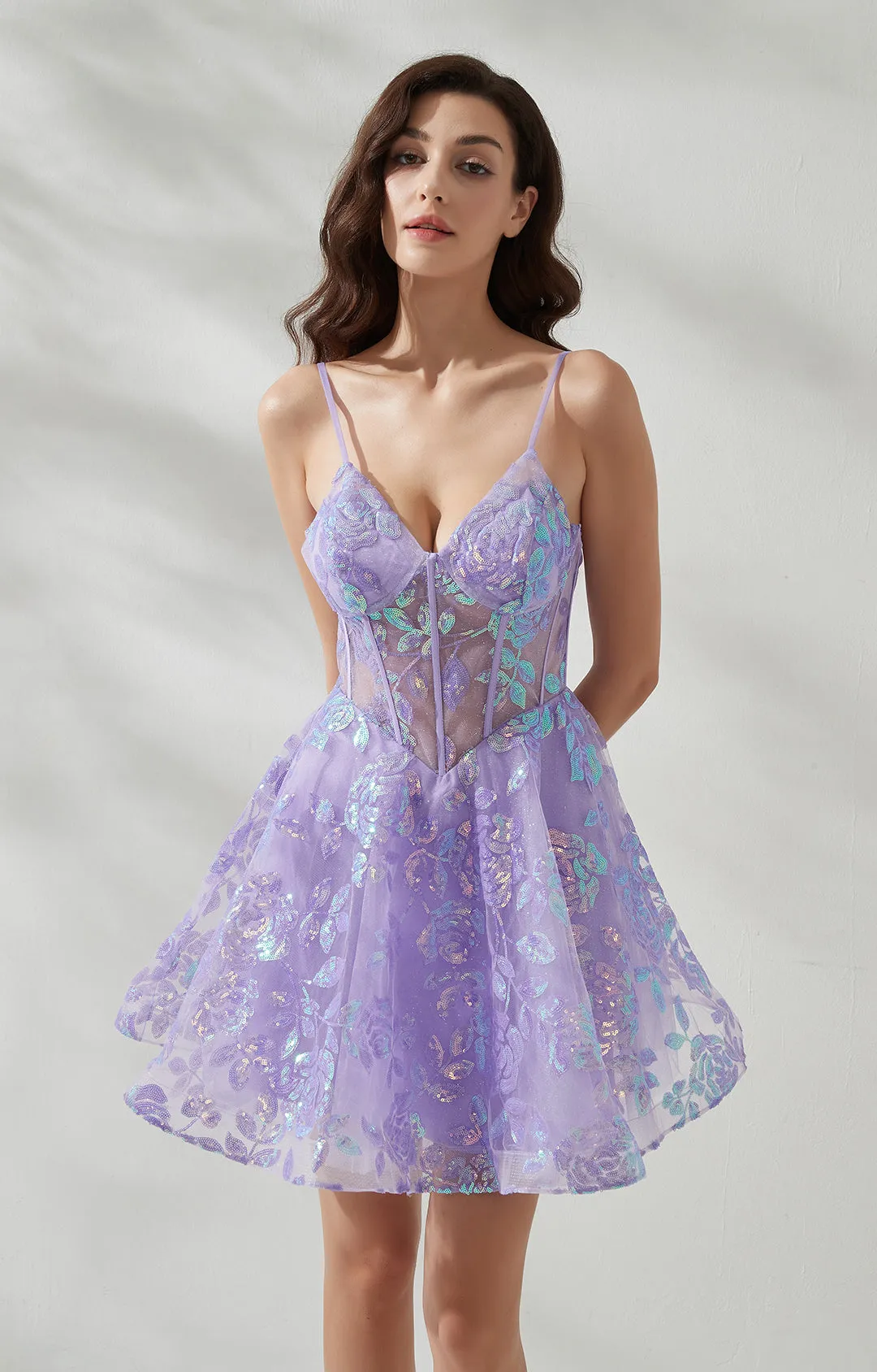 V-Neck Spaghetti Straps Illusion Sequins Mesh Party Mini Dresses