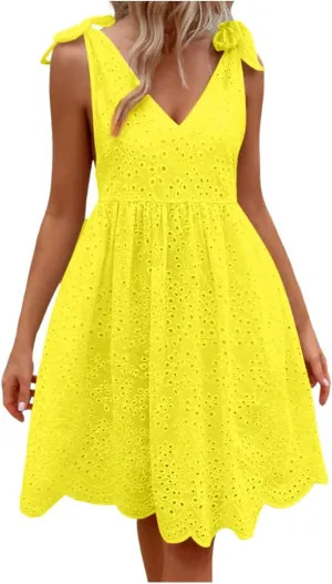 Vacation Dresses for Women 2025,Eyelet V Neck Flowy Mini Dress Boho Tie Knot Strap Sleevless Dress,Swing Beach Dress