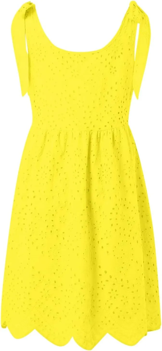 Vacation Dresses for Women 2025,Eyelet V Neck Flowy Mini Dress Boho Tie Knot Strap Sleevless Dress,Swing Beach Dress