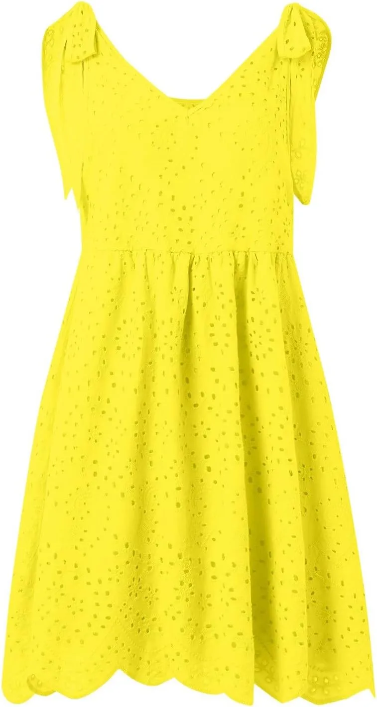 Vacation Dresses for Women 2025,Eyelet V Neck Flowy Mini Dress Boho Tie Knot Strap Sleevless Dress,Swing Beach Dress