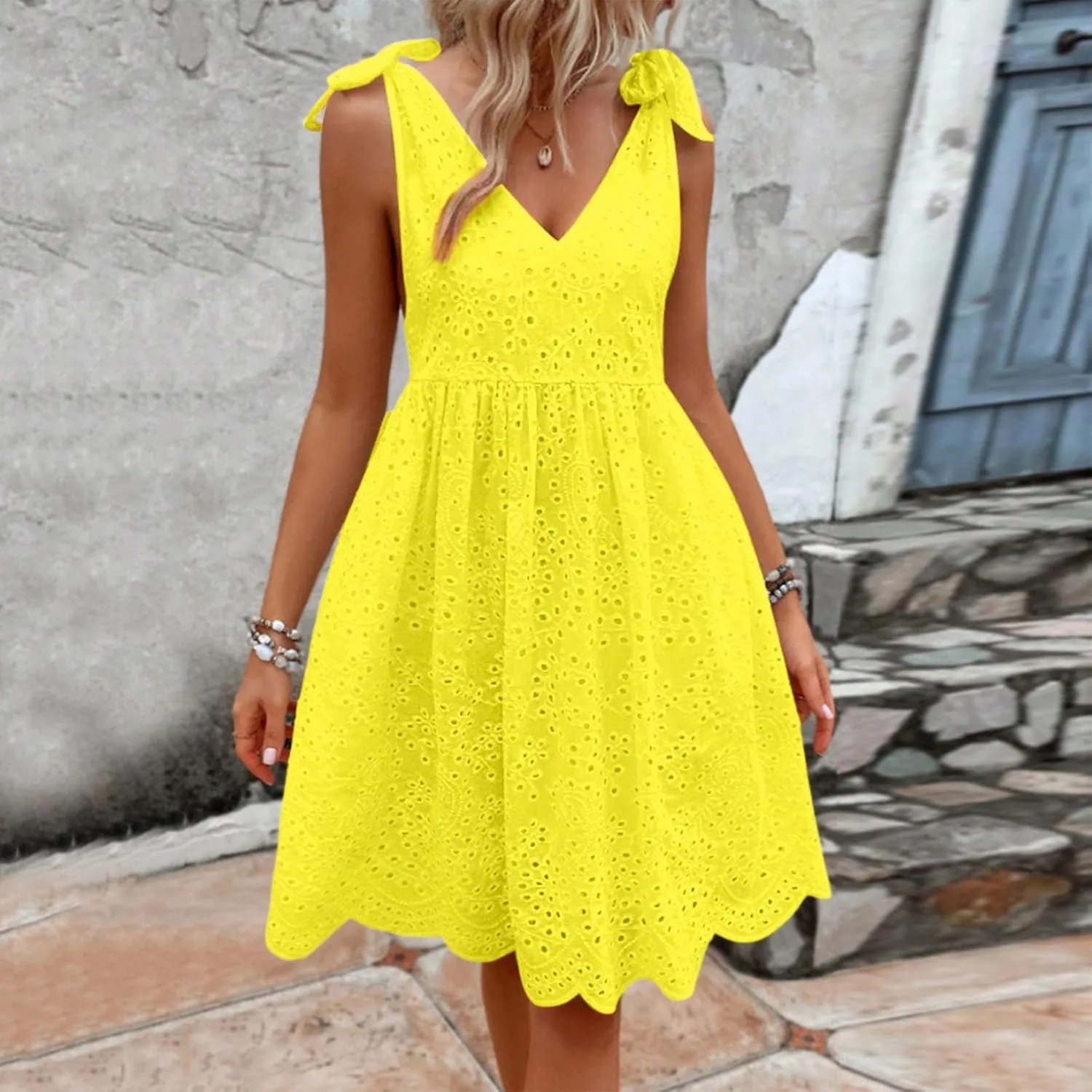Vacation Dresses for Women 2025,Eyelet V Neck Flowy Mini Dress Boho Tie Knot Strap Sleevless Dress,Swing Beach Dress