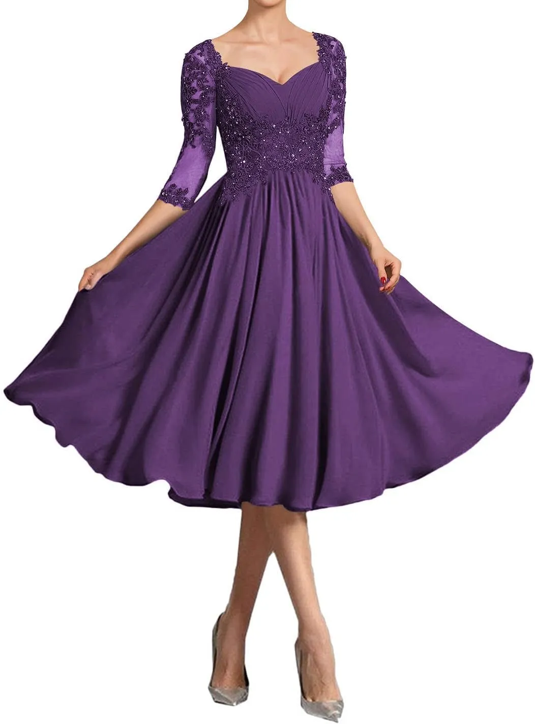 Wedding Guest Dresses for Women Lace Short Mother of The Bride Dresses Half Sleeve Chiffon Evening Dress