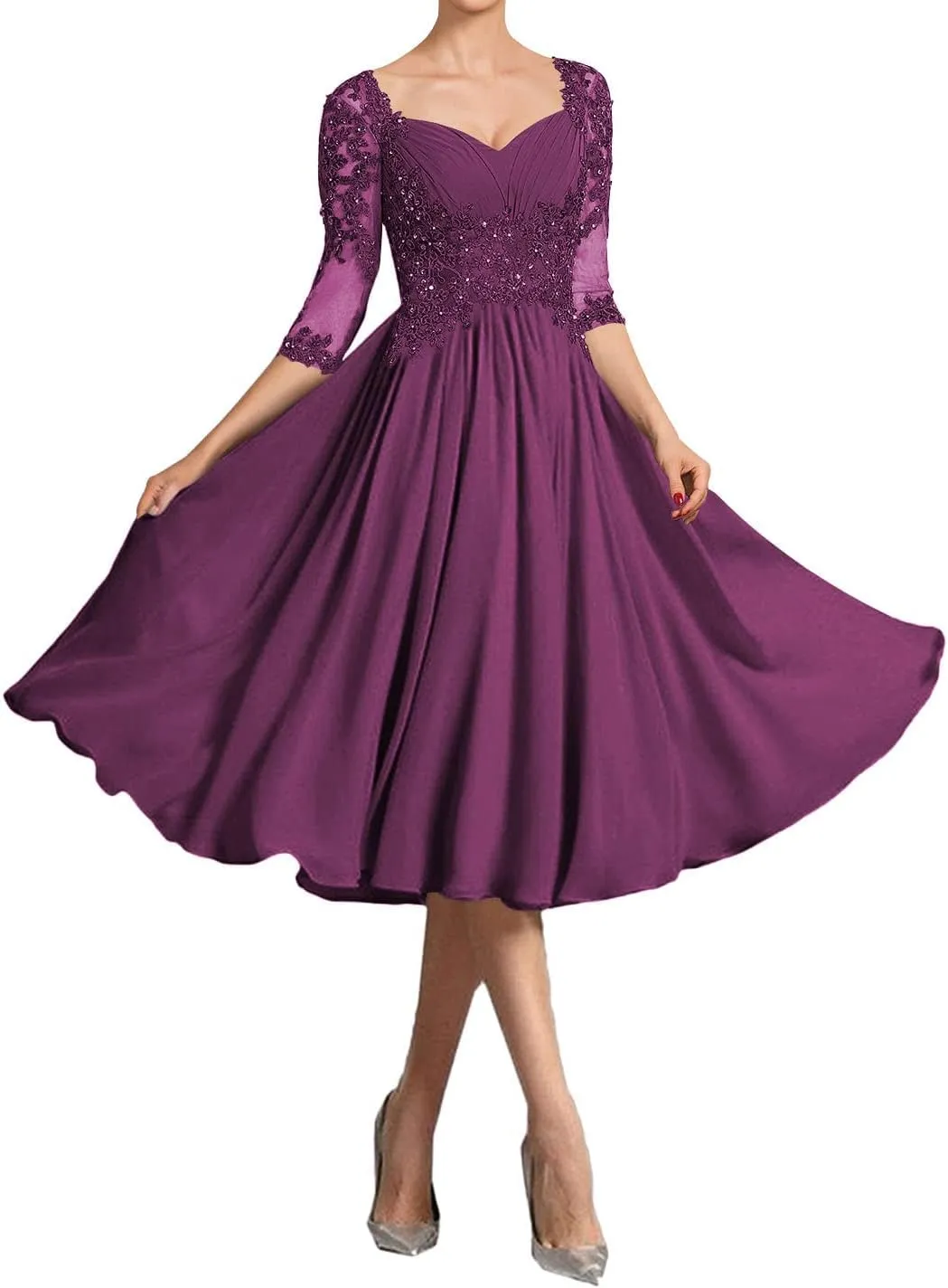 Wedding Guest Dresses for Women Lace Short Mother of The Bride Dresses Half Sleeve Chiffon Evening Dress