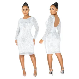 Women Dresses Sparkly Rhinestones Spliced Sexy Pencil Dress Scoop Neck Full Sleeve Party Club Dress Vintage Bodycon Knee Length