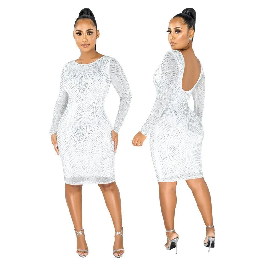 Women Dresses Sparkly Rhinestones Spliced Sexy Pencil Dress Scoop Neck Full Sleeve Party Club Dress Vintage Bodycon Knee Length