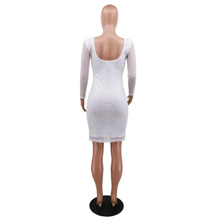 Women Dresses Sparkly Rhinestones Spliced Sexy Pencil Dress Scoop Neck Full Sleeve Party Club Dress Vintage Bodycon Knee Length