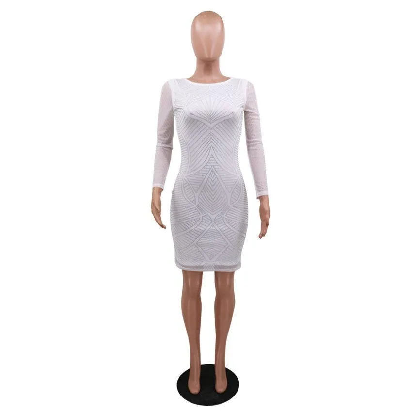 Women Dresses Sparkly Rhinestones Spliced Sexy Pencil Dress Scoop Neck Full Sleeve Party Club Dress Vintage Bodycon Knee Length