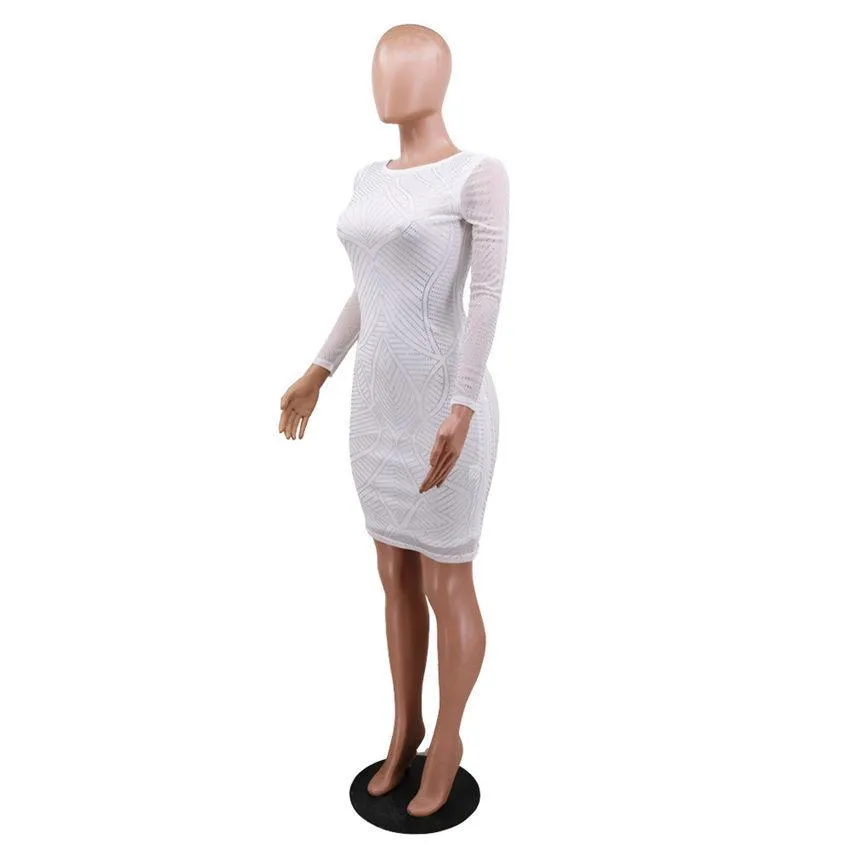 Women Dresses Sparkly Rhinestones Spliced Sexy Pencil Dress Scoop Neck Full Sleeve Party Club Dress Vintage Bodycon Knee Length