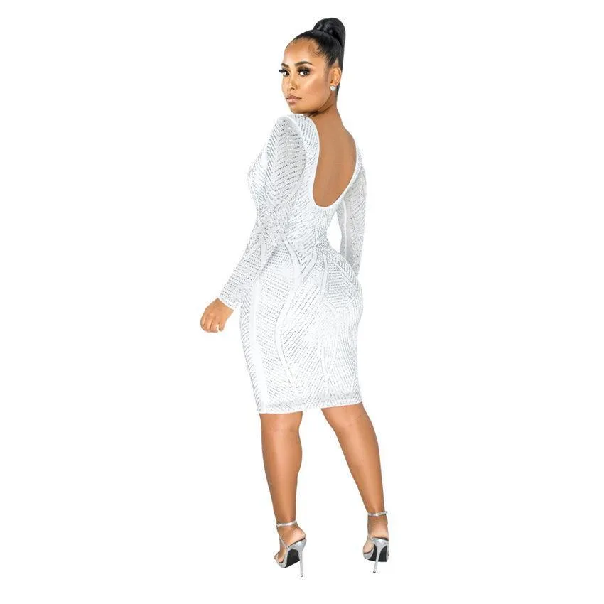 Women Dresses Sparkly Rhinestones Spliced Sexy Pencil Dress Scoop Neck Full Sleeve Party Club Dress Vintage Bodycon Knee Length