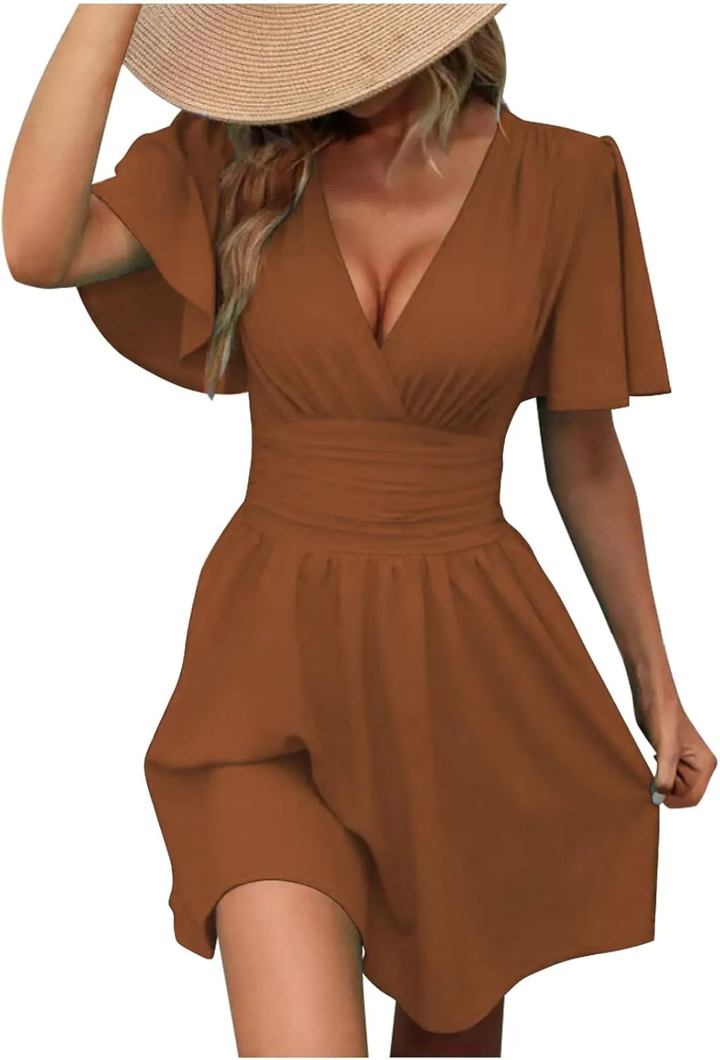Women Summer Casual Beach Sundress Elegant Wrap Sexy V Neck Ruffle Sleeve Mini Dress 2025 Fashion Swing Dresses