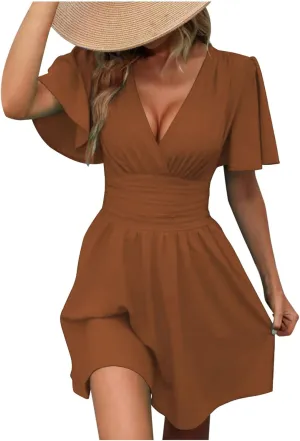 Women Summer Casual Beach Sundress Elegant Wrap Sexy V Neck Ruffle Sleeve Mini Dress 2025 Fashion Swing Dresses