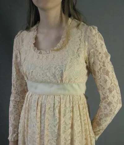 Women's 70s Dress Bridgerton Long Maxi Empire Waist Vintage Lace Boho Extra Small to Small Candi Jones VFG