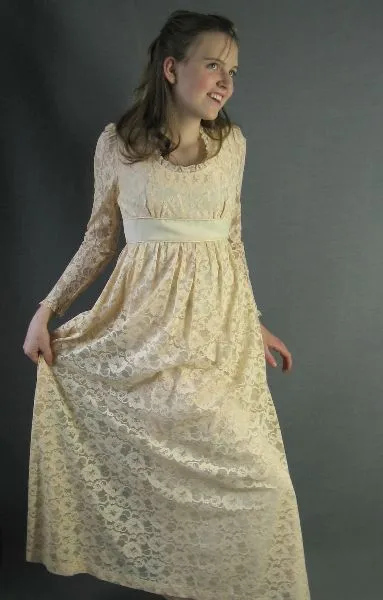 Women's 70s Dress Bridgerton Long Maxi Empire Waist Vintage Lace Boho Extra Small to Small Candi Jones VFG