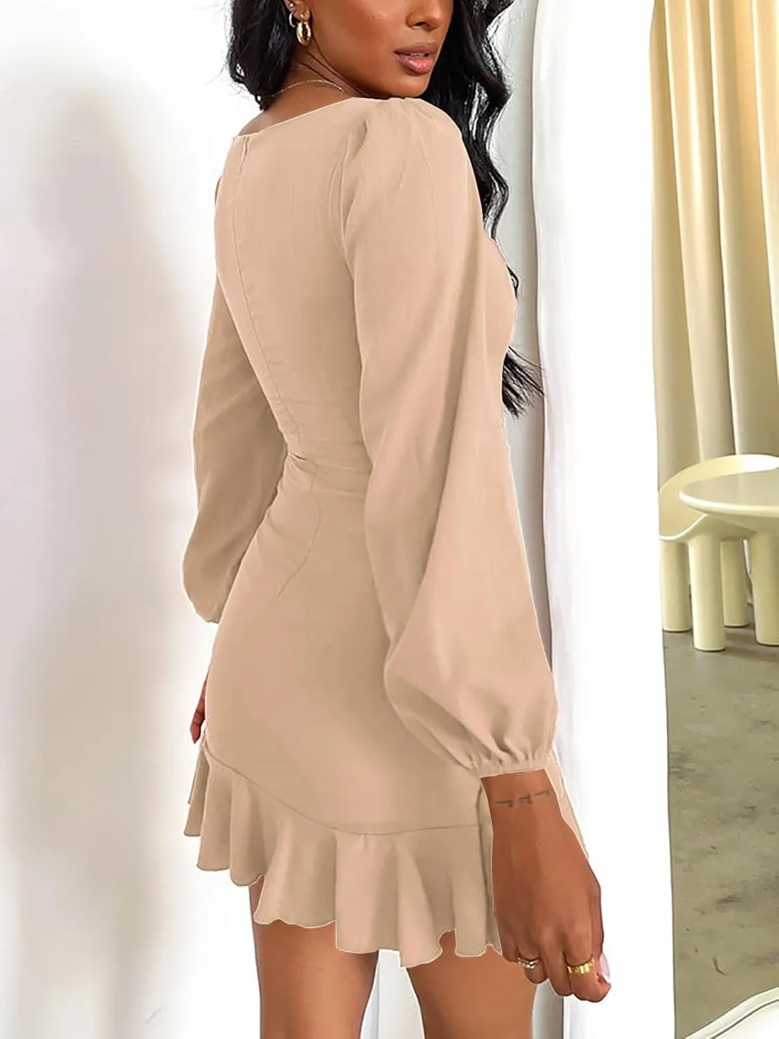 Women's Casual Ruffle Hem Solid Wrap Dress Long Puff Sleeve Front Tie Knot Cocktail Party Dresses