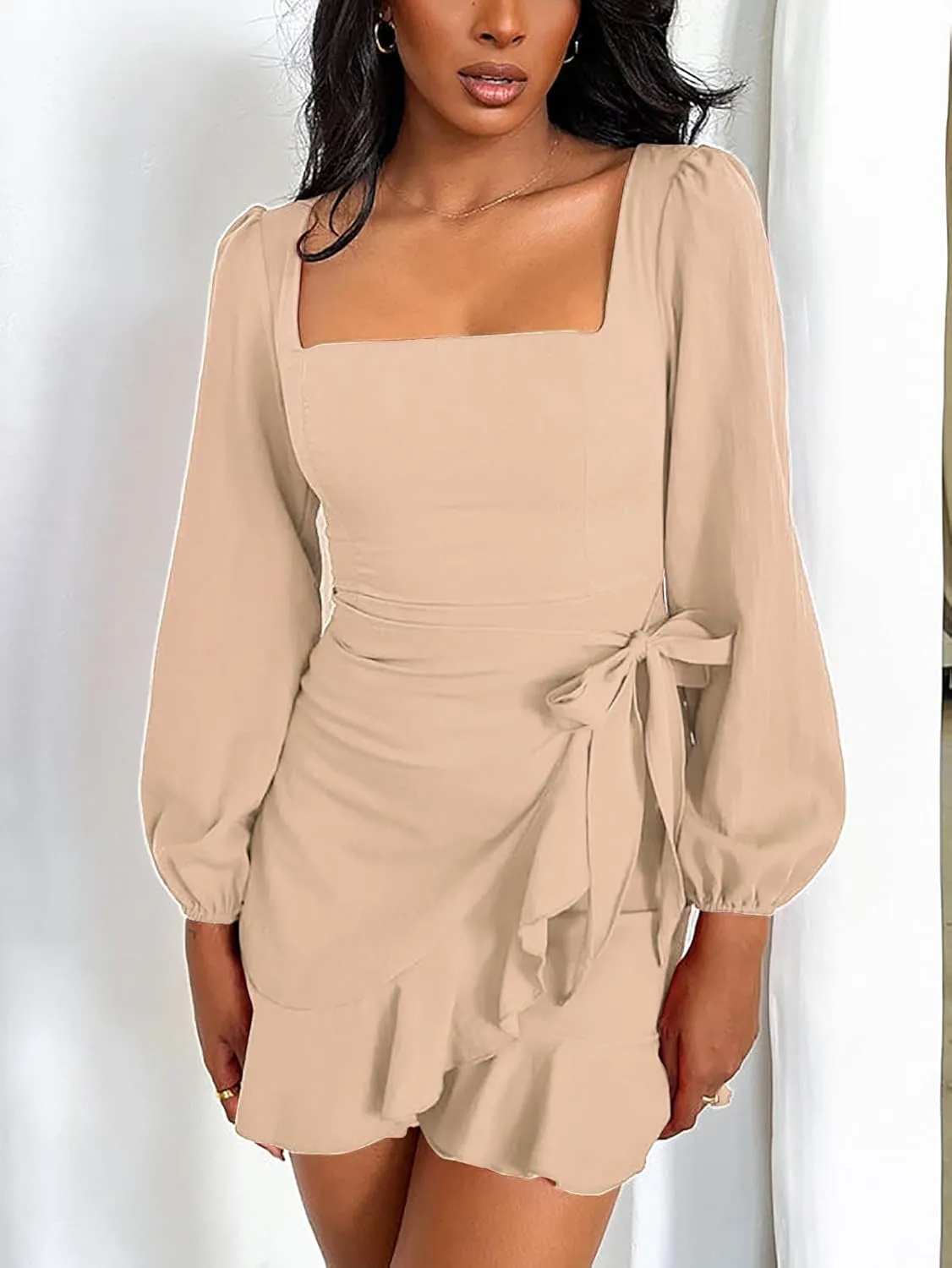 Women's Casual Ruffle Hem Solid Wrap Dress Long Puff Sleeve Front Tie Knot Cocktail Party Dresses