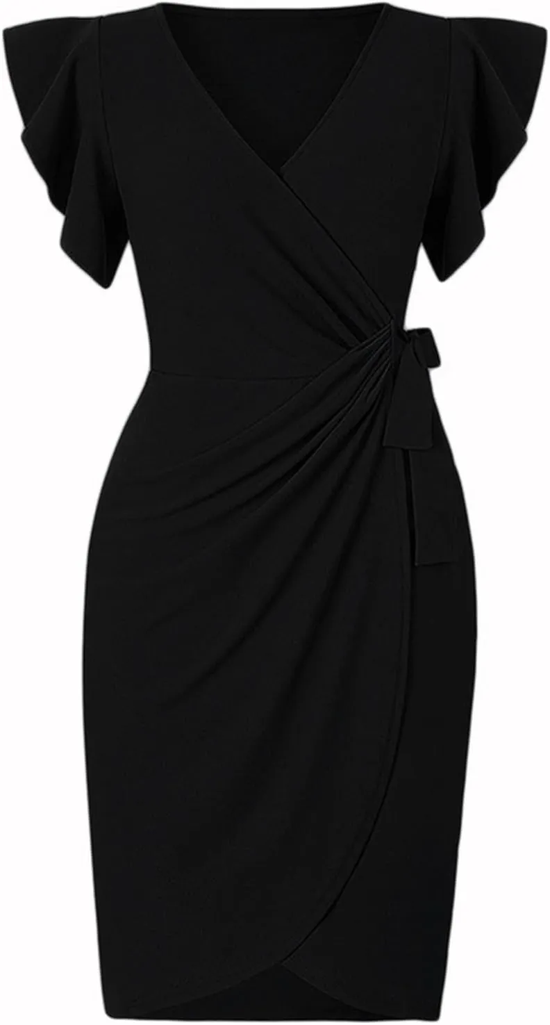 Womens Cocktail Party Dresses Ruffle Sleeve Dress V Neck Bodycon Business Work Wrap Sheath Dress Fashion Outfits
