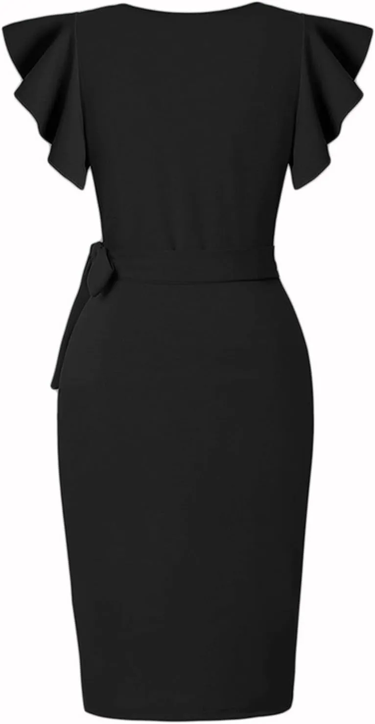 Womens Cocktail Party Dresses Ruffle Sleeve Dress V Neck Bodycon Business Work Wrap Sheath Dress Fashion Outfits
