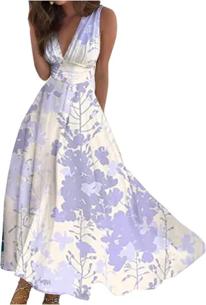 Womens Dresses Flowy Ruched Floral Print Beach Dresses Sleeveless Wrap V Neck Maxi Dress Elegant Sundresses