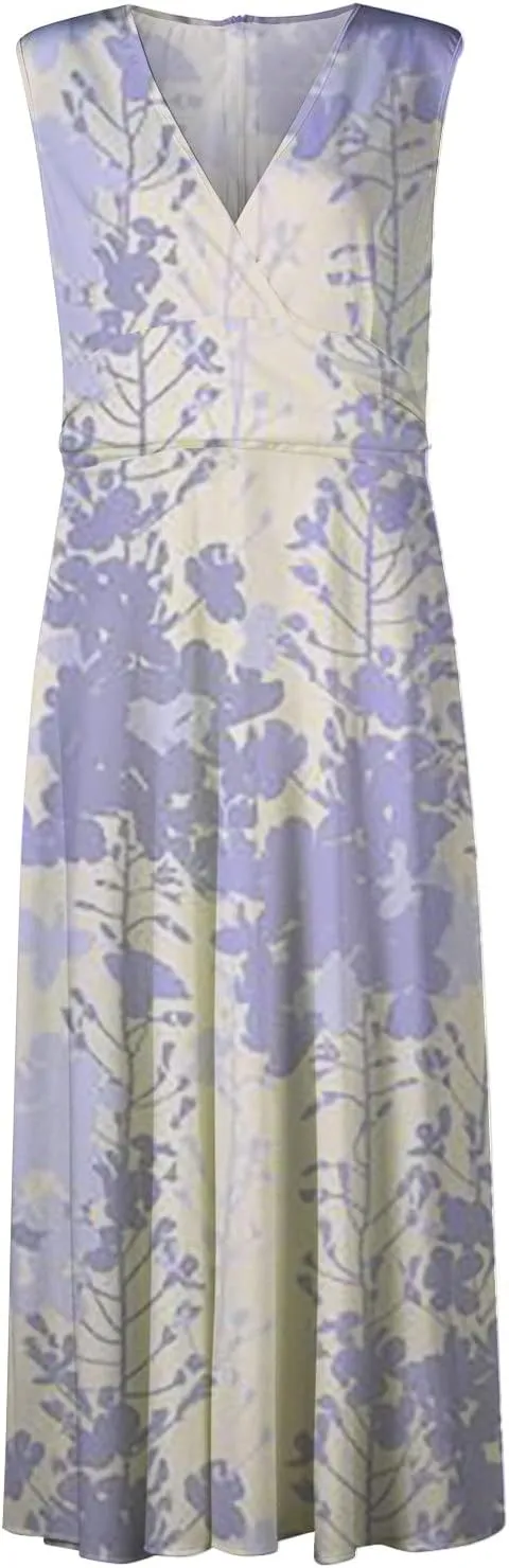 Womens Dresses Flowy Ruched Floral Print Beach Dresses Sleeveless Wrap V Neck Maxi Dress Elegant Sundresses