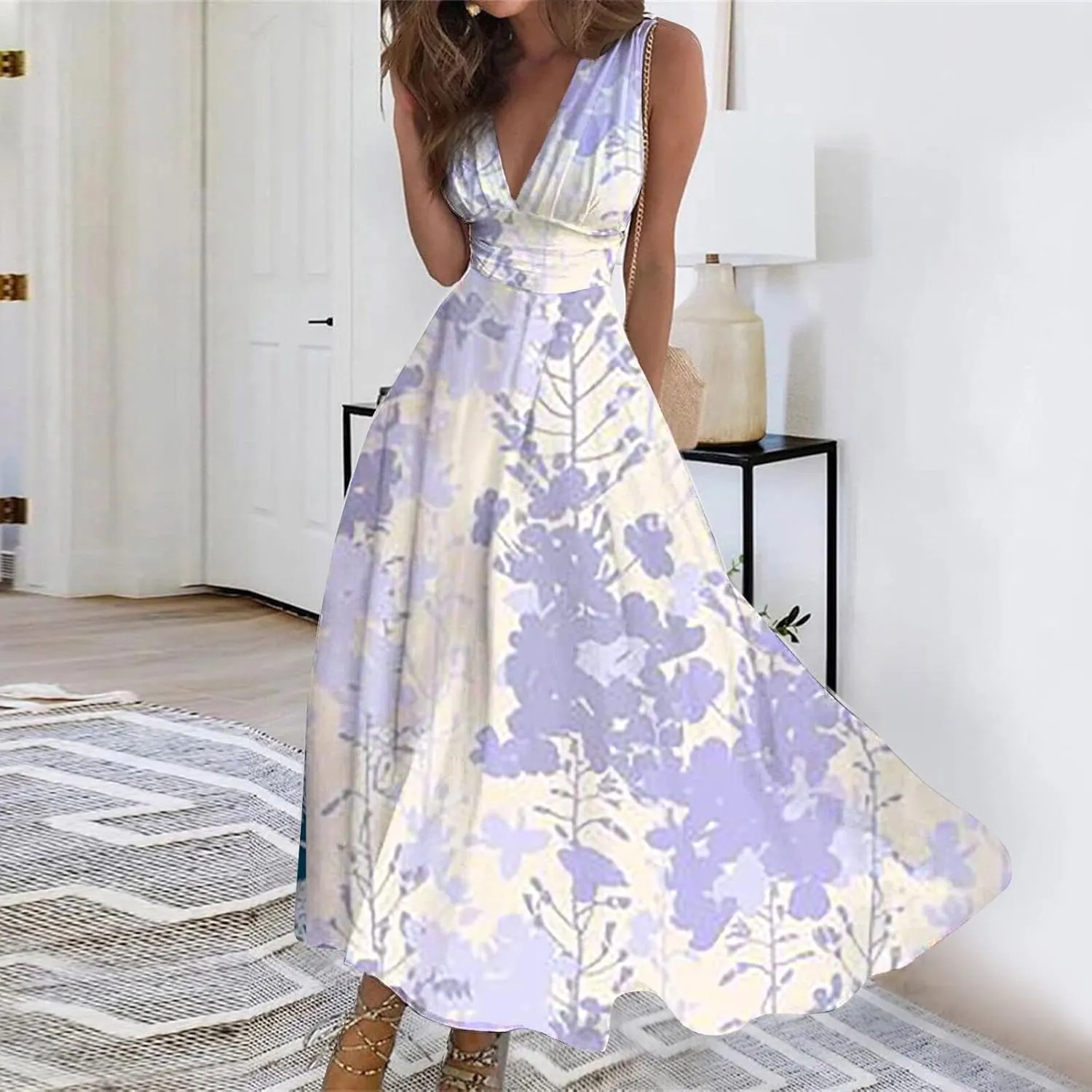 Womens Dresses Flowy Ruched Floral Print Beach Dresses Sleeveless Wrap V Neck Maxi Dress Elegant Sundresses