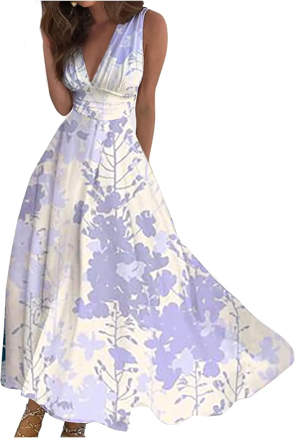 Womens Dresses Flowy Ruched Floral Print Beach Dresses Sleeveless Wrap V Neck Maxi Dress Elegant Sundresses
