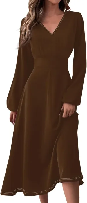 Women'S Dresses for Wedding Guest Fall Long Sleeve Wrap V Neck Ruffle Belted A-Line Flowy Midi Dresses