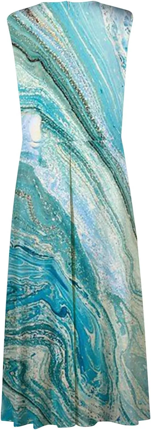 Womens Maxi Dress Wrap V Neck Sleeveless Marble Printed Flowy Swing Sundress Trendy Floral Boho Beach Party Dresses
