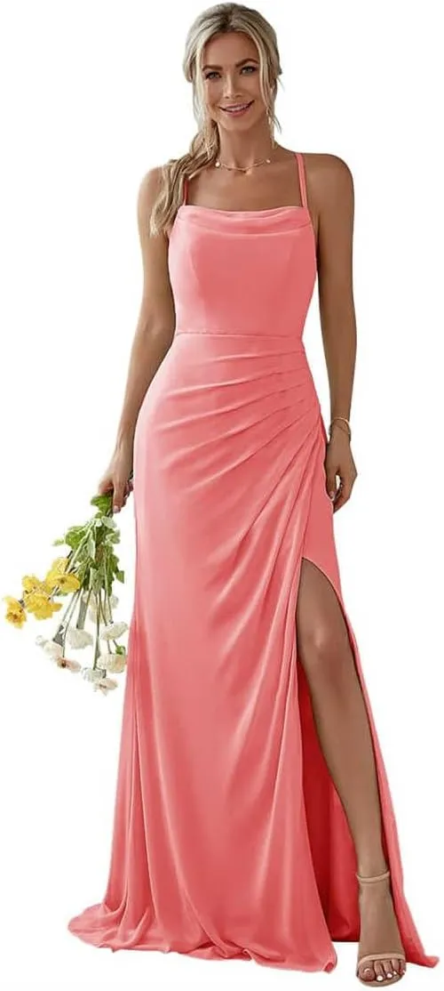 Women's Mermaid Bridesmaid Dresses for Wedding Long Chiffon Formal Evening Gowns with Slit