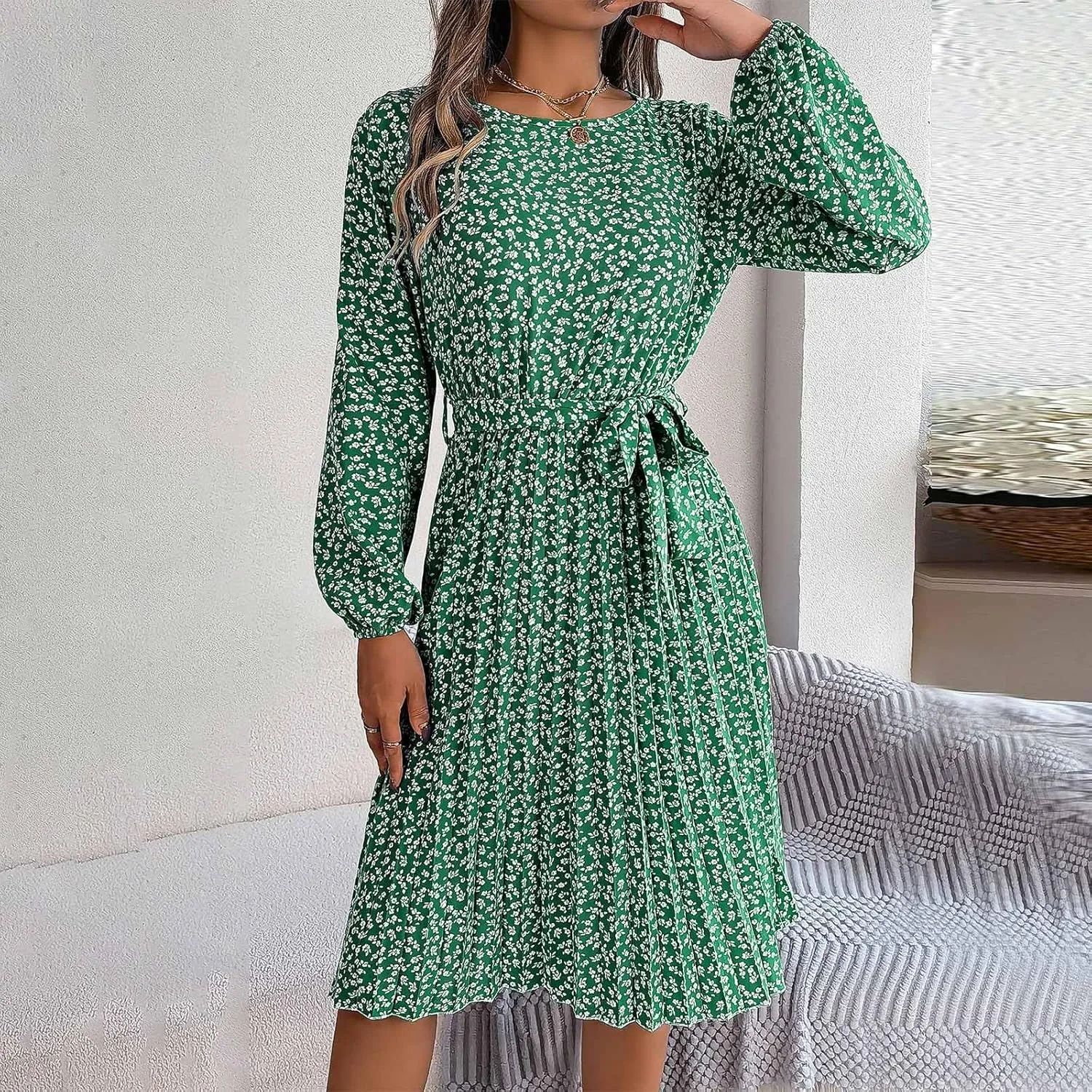 Women's Spring Dress Midi Long Puff Sleeve Wrap V Neck Flowy Pleated Ruffle Dresses Casual A Line Dress with Belt