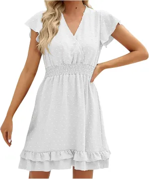 Womens Summer Dresses 2024 Trendy Wrap V-Neck Ruffle Sleeve Mini Dress Solid Knee Length Swiss Dot Casual Dress