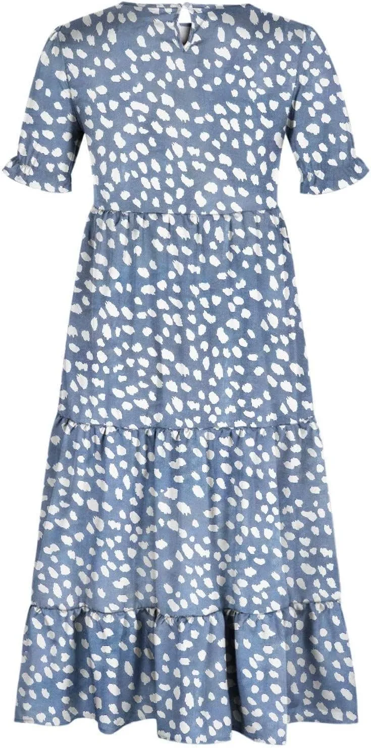 Womens Summer Maxi Dress Casual Round Neck Short Puff Sleeve Dresses Flowy Floral Tiered Ruffle Hem Beach Sundress
